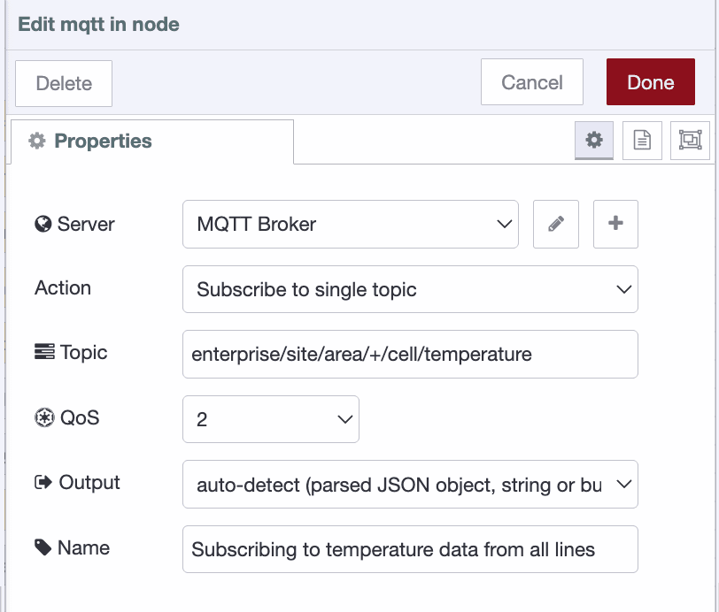 MQTT-in node configuration showing subscription settings with topic field and QoS options